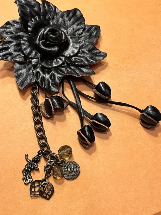 Black Floral Leather Keychain with Chain and Charms - Picture 5 of 8